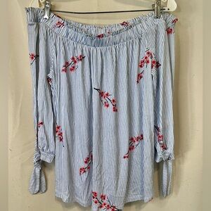 Olive & Oak Blue Striped Floral Blouse halter off-shoulder